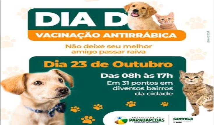 Sábado, 23 é dia de vacinação antirrábica em Parauapebas