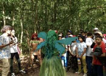 Crianças aprendem sobre sustentabilidade no Refúgio Metrópole da Amazônia, em Marituba, através do teatro e trilhas